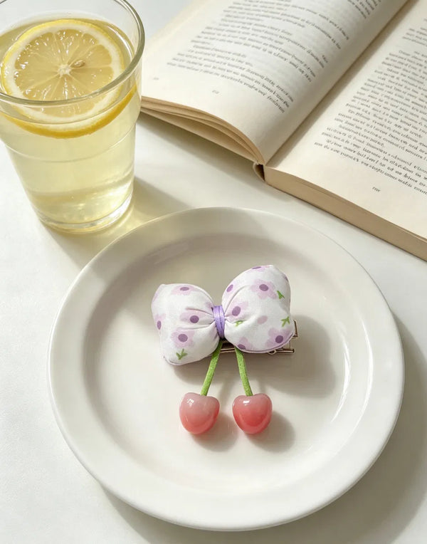 White Purple Floral Bow Cherry Hair Clip