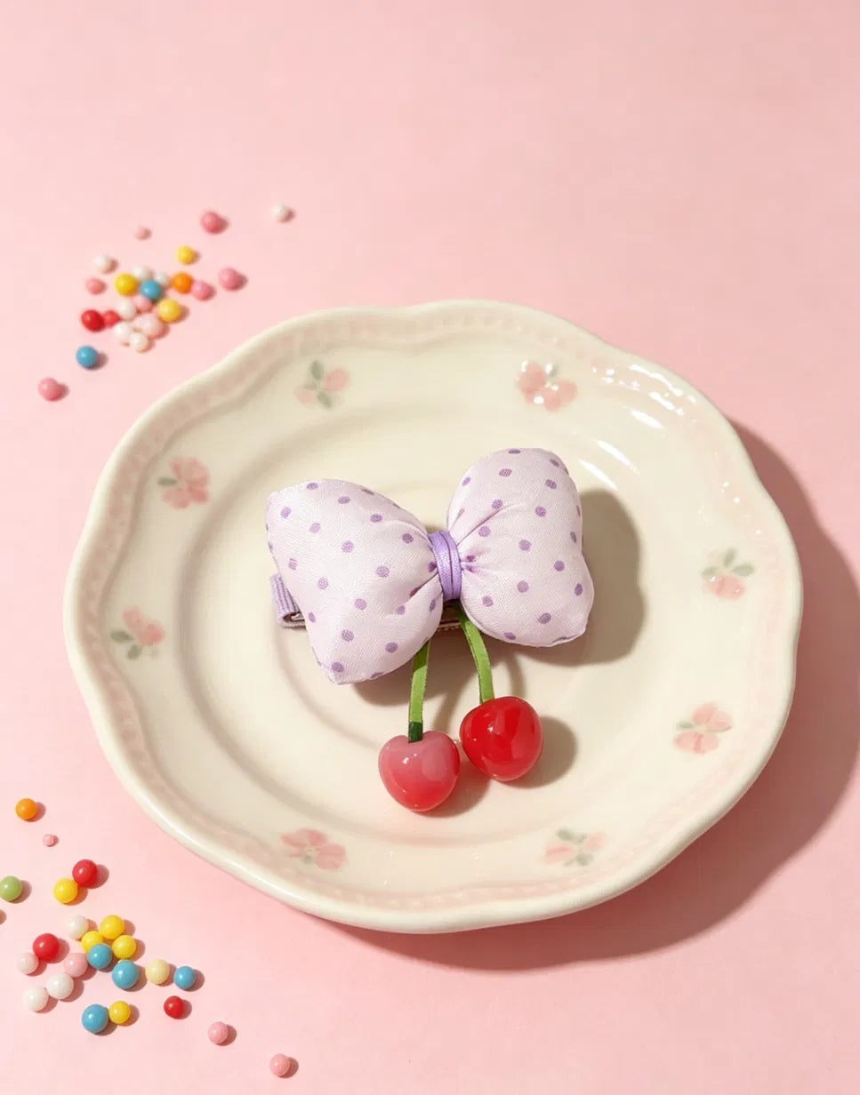 Purple Polka Dot Bow Cherry Hair Clip