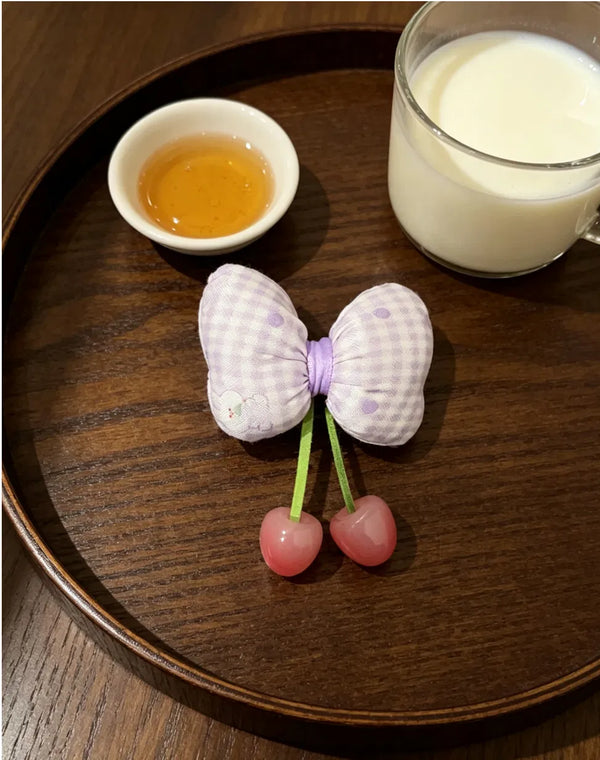 Purple Gingham Bow Cherry Hair Clip