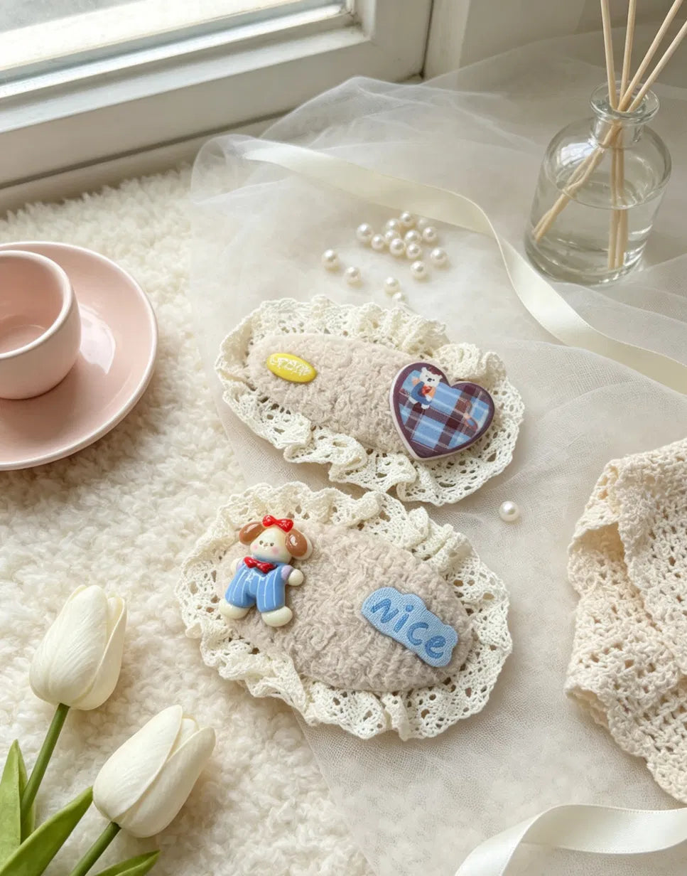 Cream Lace Fluffy Hair Clip Set