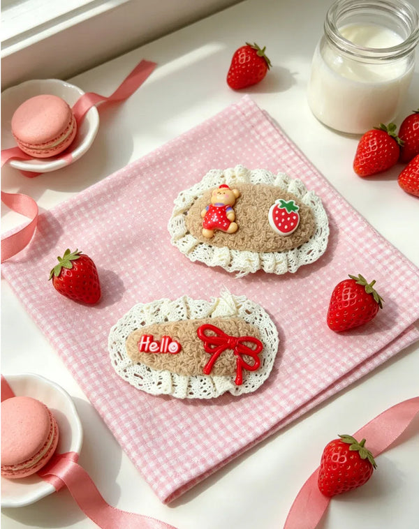 Strawberry Lace Fluffy Hair Clip Set