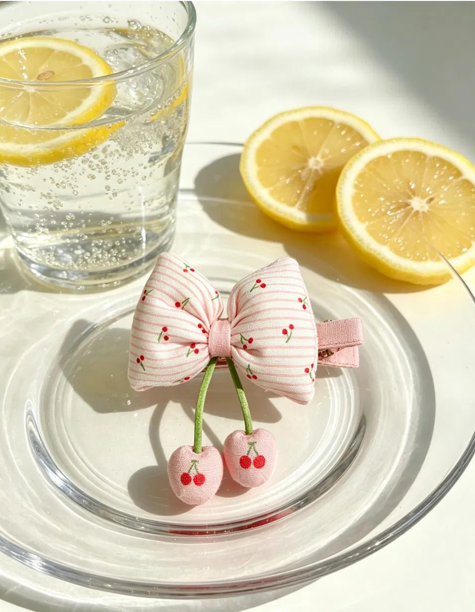 Pink Stripe Cherry Bow Hair Clip
