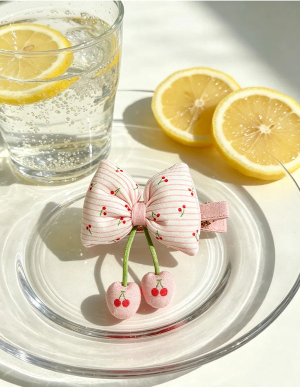 Pink Stripe Cherry Bow Hair Clip